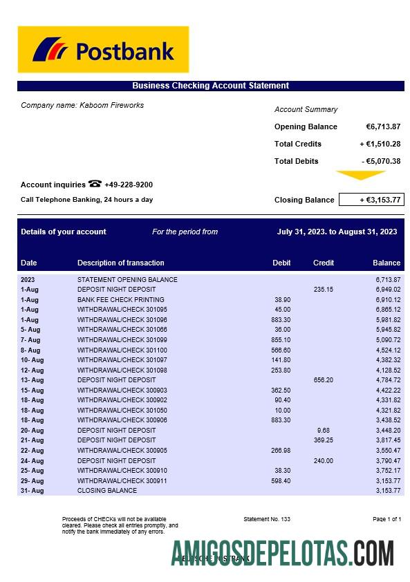 Realista Deutsche Postbank Extrato de conta corrente corporativa modelo Word e PDF